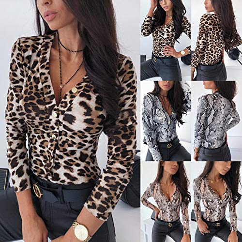 Loalirando-Body-Donna-Camicia-a-Manica-Lunga-Stampa-Leopardata-Tutine-Donna-Tuta-Stampa-Serpente-Aderente-Scollo-a-V-Sexy