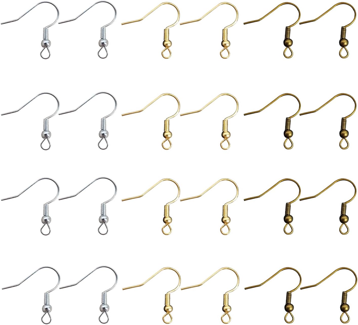 Kbraveo 900Pack 19mm Gold Bronze and Silver Hypo-allergenic Fish Earring Hooks Plated Ball Coil Earring Hooks Fish Hook Earrings for DIY Jewelry Findings