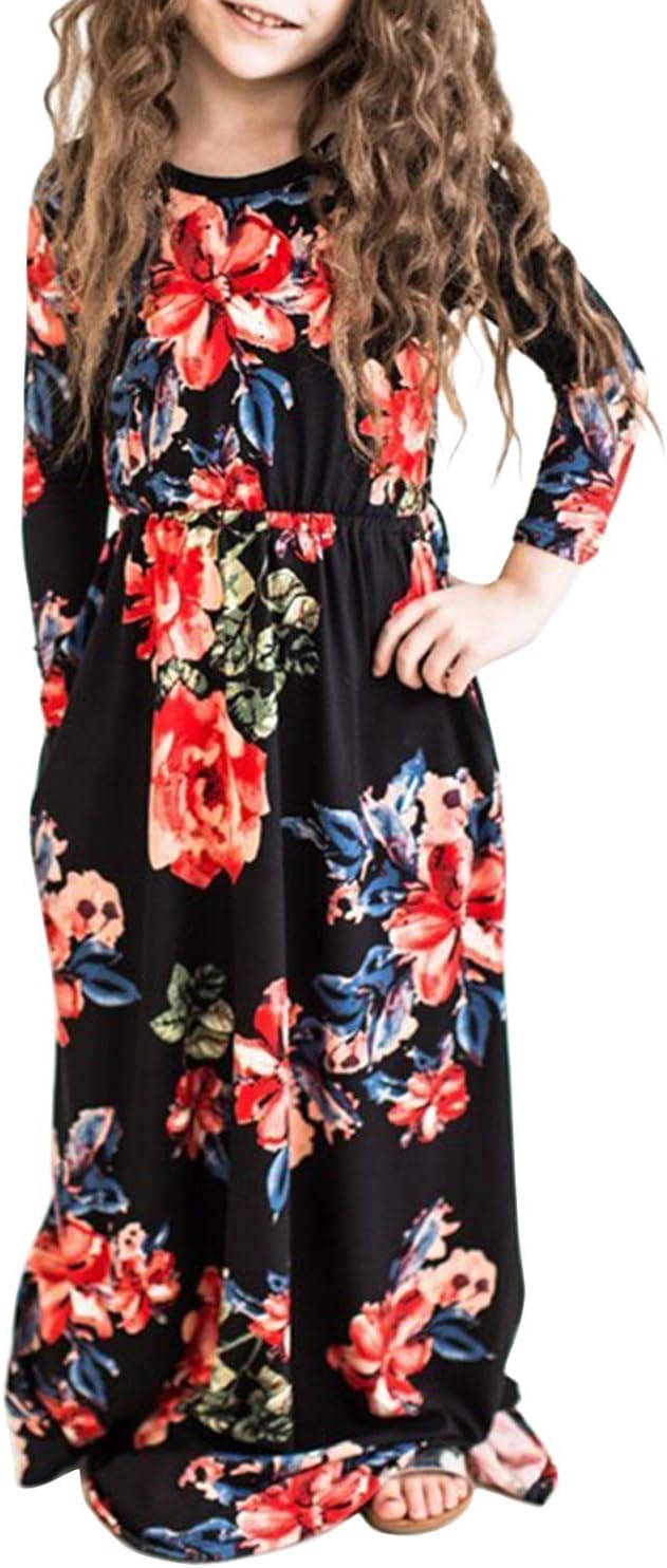 MITILLY Girls Flower 3/4 Sleeve Pleated Casual Swing Long Maxi Dress with Pockets