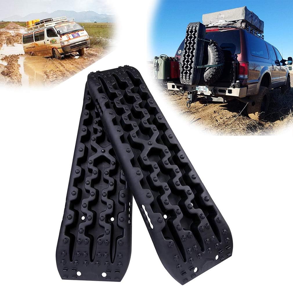OKLEAD Recovery Board Traction Mat Track Tire Ladder Universal Fit Jeep Pickup SUV Campers 4Wd Off-Road Travel, Resucue for Vehicle Tires Getting Stuck On Sand/Mud/Snow/Rocks Conditions Black 2 Pack