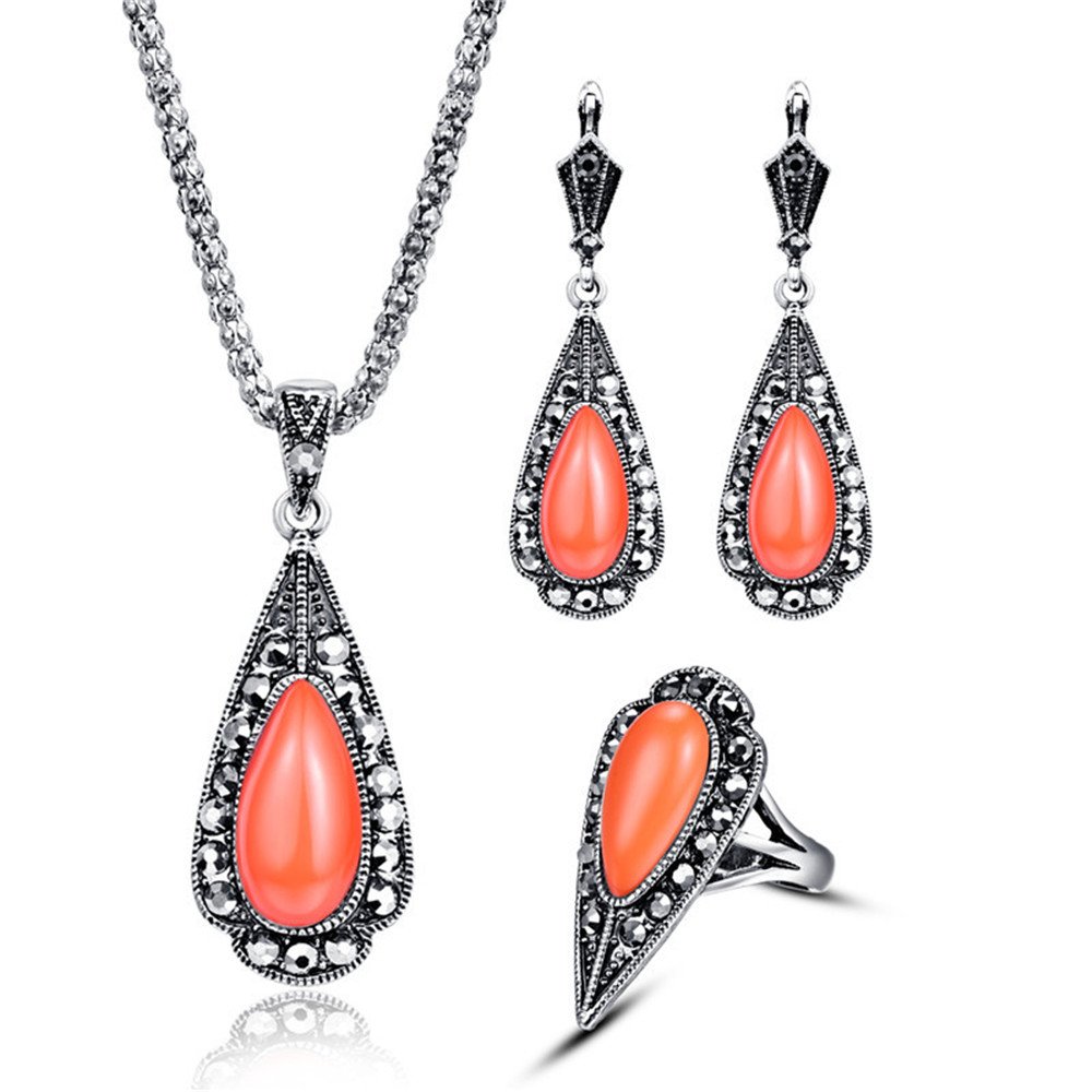 LUYUAN JEWELRY Women Girls Teardrop Triangle Jewelry Set Cute Resin Fashion Pendant Necklace Earring Ring Set - Orange+Ring#9