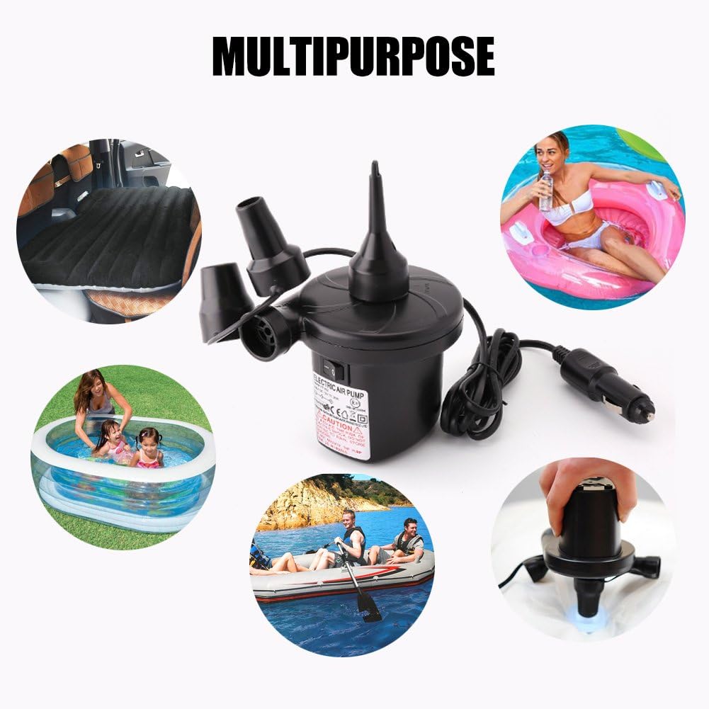 LotFancy Electric Air Pump, 12V DC Air Pump for Inflatables, Portable Inflator/Deflator Pumps for Kayaks, Outdoor Camping, Air Mattress, Air Bed Raft Pool Toys, with 3 Nozzles, Quick-Fill: Sports & Outdoors