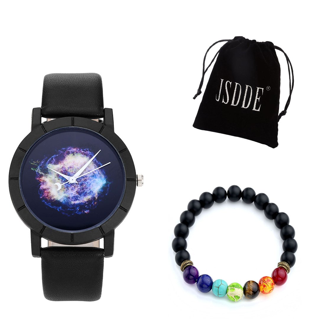 JSDDE 2pcs Montre Set Montre à Quartz Femme Cadran Couleur de l\'étoiles Ciel Bracelet PU +7 Chakra Bracelet Perle d\'intervalle Set Sac en Peluche
