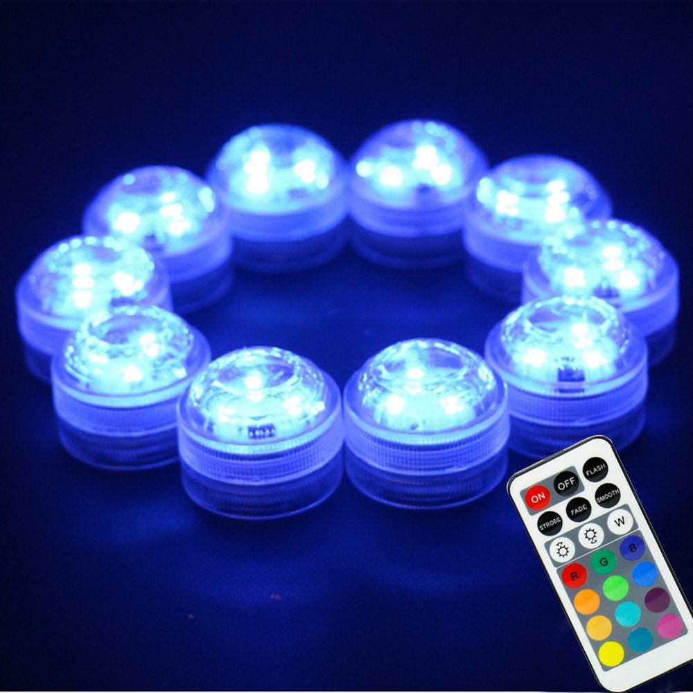 10Pack Mini Submersible Lights,LUXJET® Waterproof Underwater Lights with Remote control,Colorful Mood Lights for Aquarium, Vase, Pond, Swimming Pool, Garden,Party, Wedding Decoration(button batteries included)