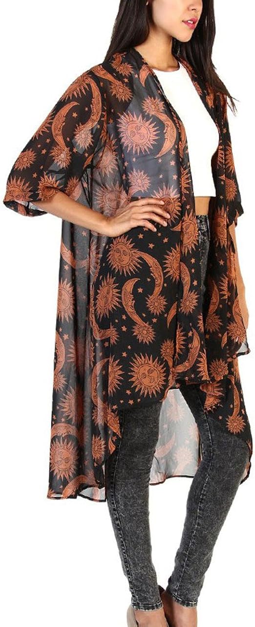 DOGZI Cárdigan para Mujer - Impresión de Sol Luna Gasa Manga 3/4