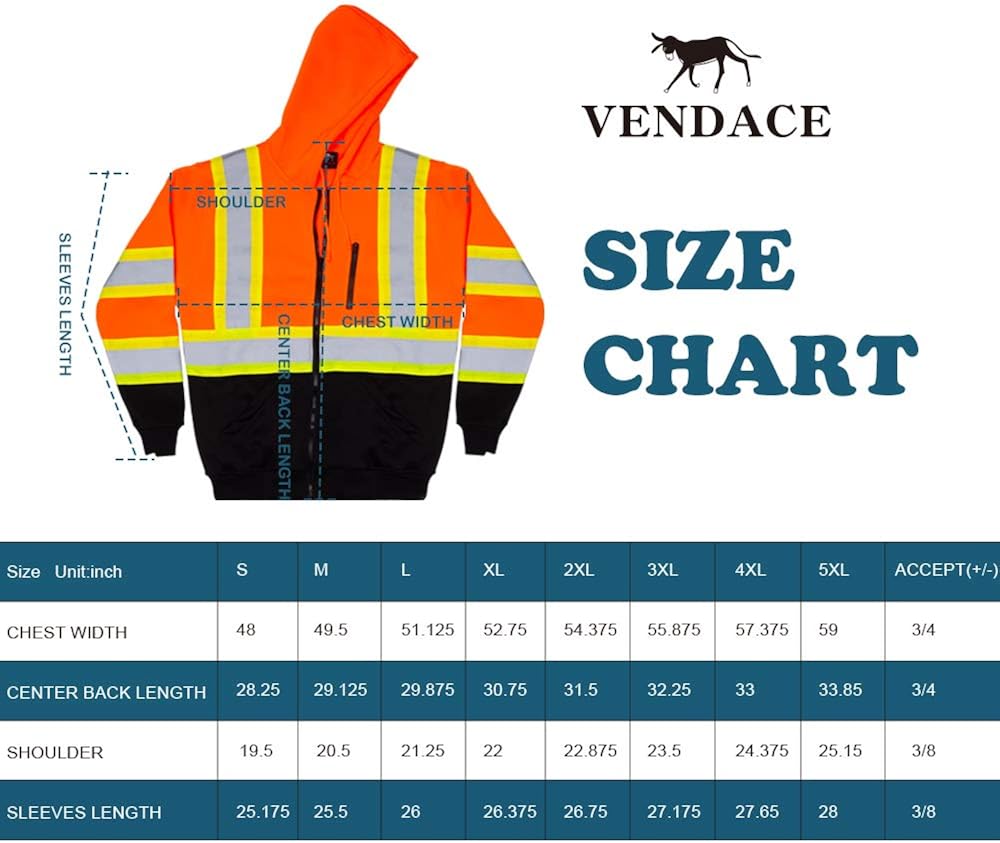 VENDACE Men's ANSI Class 3 High Vis Safety Reflective Sweatshirt Wool Fleece Zipper Jacket Hoodie with Black Bottom: Clothing