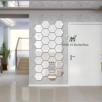 Wall1ders - Hexagon-Silver (Pack of 28) with 10 Butterflies 3D Decorative Acrylic Mirror Wall