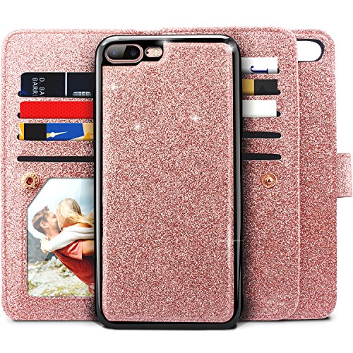 iPhone 8 Plus Case, iPhone 7 Plus Case, Miss Arts Glitter Detachable Slim Case With Car Mount Holder, 9 Card Slots, Magnet Clip, PU Leather Wallet for Apple iPhone 7 Plus 8 Plus -Rose Gold