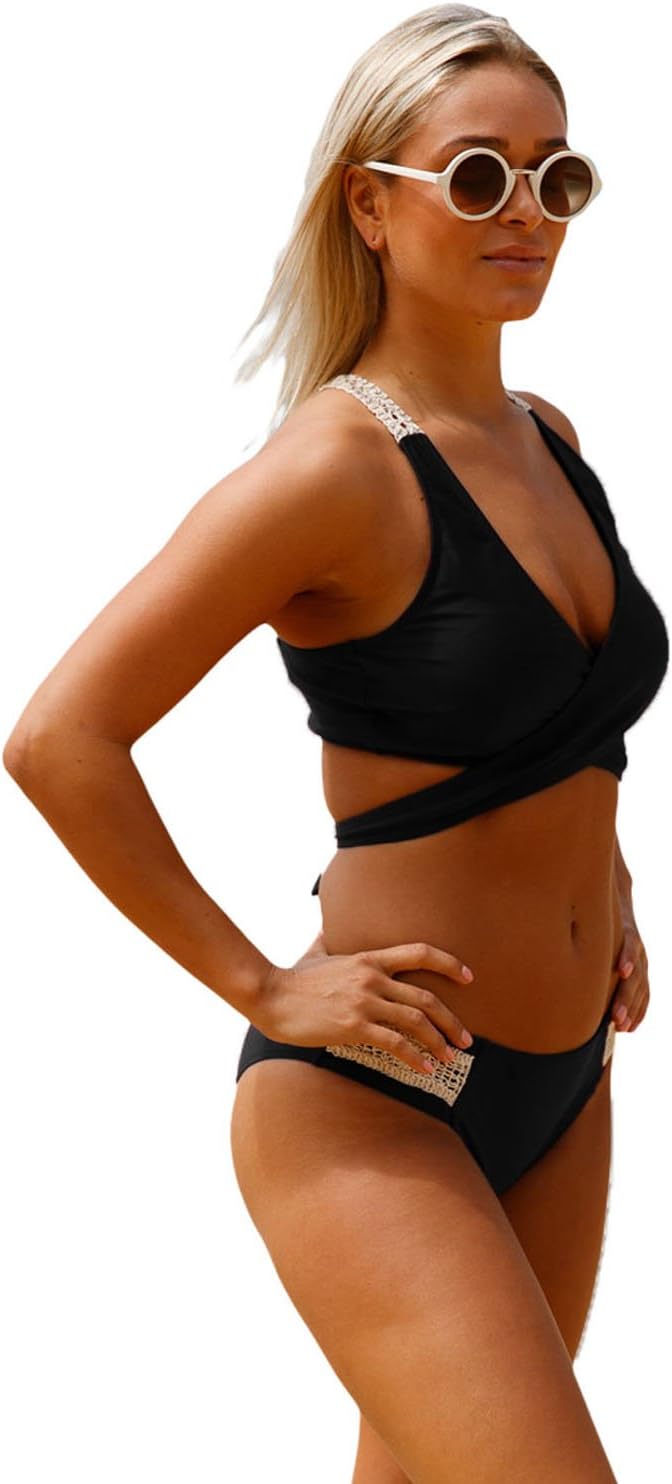 Black Crisscross Crochet Back Bikini Set
