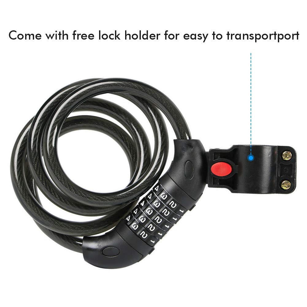 WISE TIGER WT-HM1303 Anti-Theft Bike Cable Lock, Self Coiling Resettable Combination 5-Digit Bicycle Locks High Security for Outdoor, Come with Complimentary Mounting Bracket,