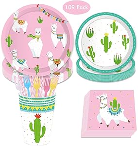 DreamJ 109Pcs Alpaca Cactus Disposable Tableware Set, Llama Alpaca Party Supplies with Plates Cups Napkins Forks Straws for Boys,Girls,Baby Showers Birthday Party Favors Decorations (Severs 16)
