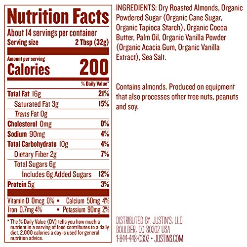 Justin's Vanilla Almond Butter, No Stir, Gluten-free, Responsibly Sourced, 16oz Jar