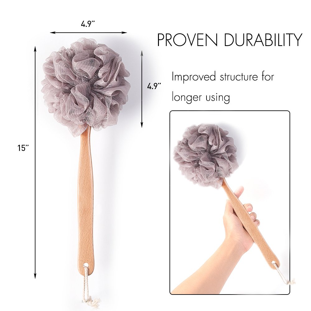Bath Sponge & Brush Long Handled Loofah Back Scrubber Shower & Bath Exfoliating Pouf Scrubber on a Stick Body Back Brush with a Wood Handle Loofah Mesh for Men & Women By Krramel (PURPLE)