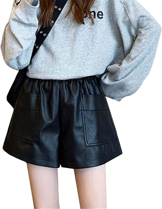 Amazon ショッフェ ショート レザーパンツレディース 短パン ミニパンツ Puハイウェストスカート 可愛い フェイクレザーパンツ 美尻 ワイド ウエストゴム 大きいサイズ 秋冬 防風 おしゃれ ショートパンツ 通販