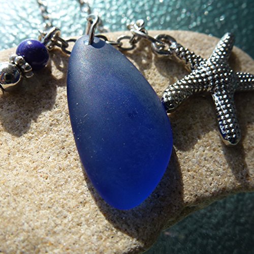 Blue cobalt sea glass necklace ocean talisman on a 24" silver color chain with nautical starfish delicate elegant young beach amulet prime aqua handmade seaglass mermaid rears jewelry mascot