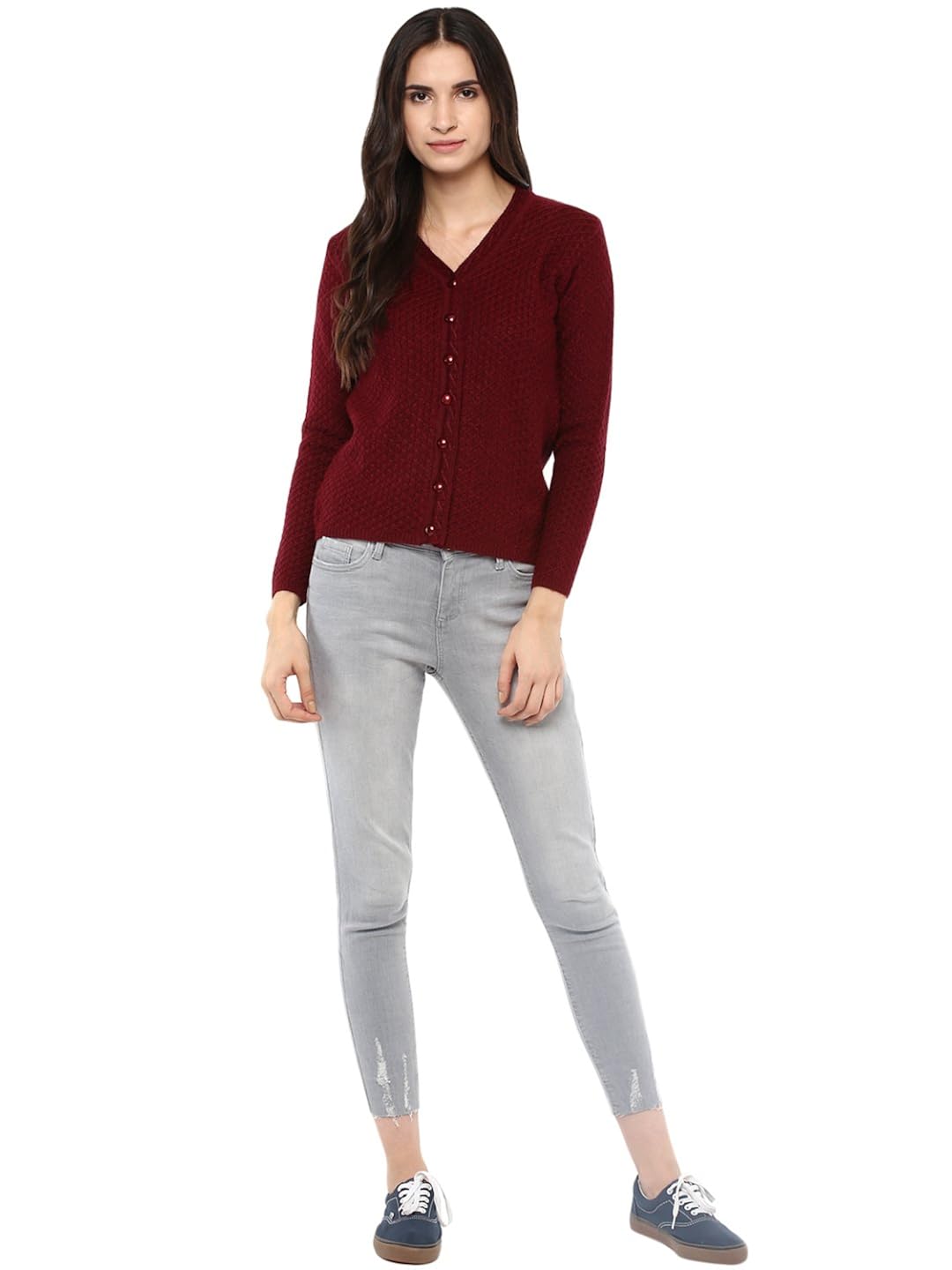 cayman women maroon patterned cardigan