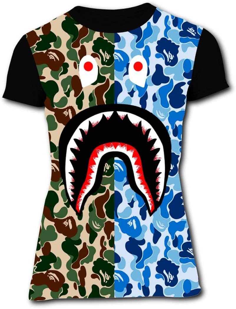 BR PINNEONE Bape Shark Face Camo T-Shirts 3D Print Unisex Short Sleeve Tee for Teenage Adult