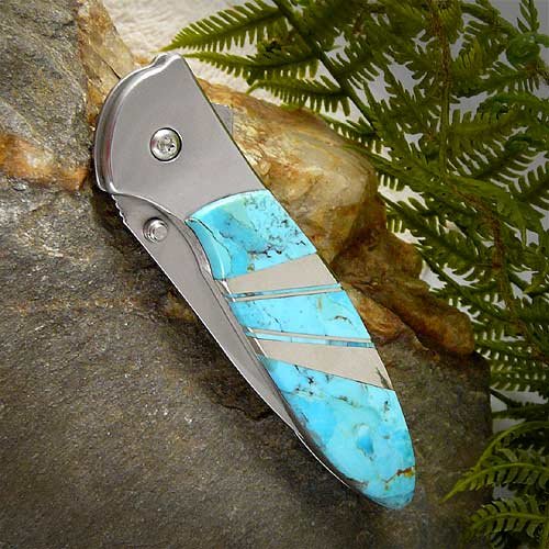 Santa Fe Stoneworks Kershaw Leek American-Made Folding Pocket Knife with Artisan-Crafted Natural Turquoise Stone Handle - Thumbnail 4
