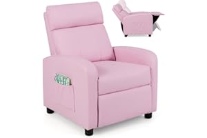 Costzon Kids Recliner, Adjustable PU Leather Lounge Chair w/Side Pockets, Footrest, Headrest for Kids Room&Play Room, Easy to Clean, Padded Pink Recliner Sofa for Children Boys Girls Aged 3-12 (Pink)