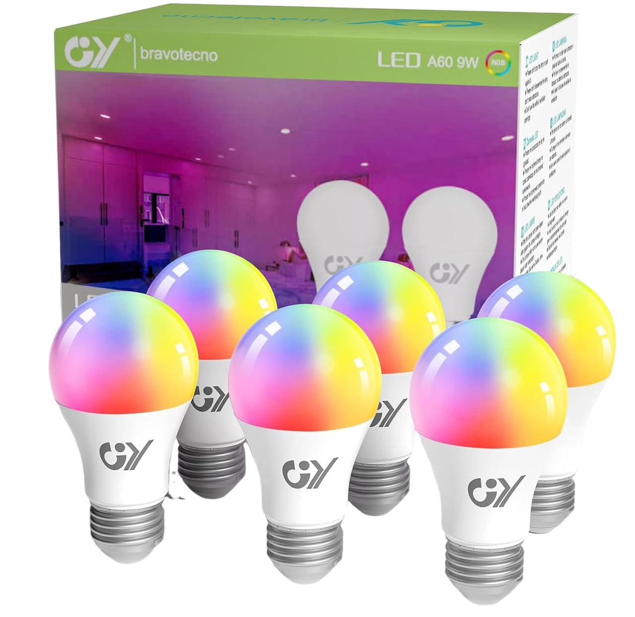 GY Alexa Light Bulb Smart Lamp E27, WLAN Lamp LED Compatible with Alexa/Google Home 2.4 GHz WiFi, 9W 850 lm, Dimmable Warm White Cool White and Multicoloured Bulb, Control by App, Pack of 6