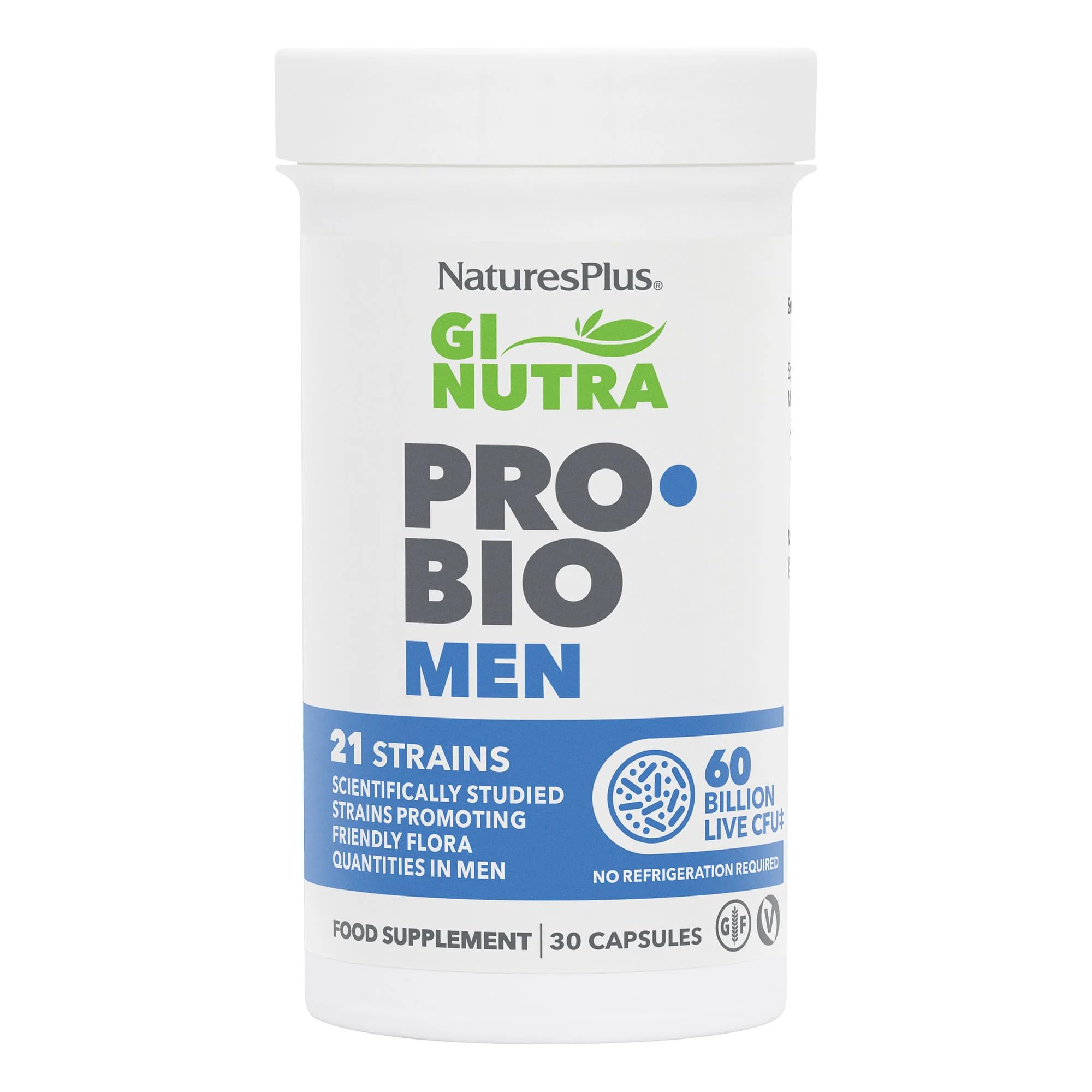 NaturesPlus GI NUTRA Pro Bio Men - 21 Strains of Probiotics for Men with Prebiotics Fibre Supplement - Vegetarian, Gluten Free - 30 Capsules