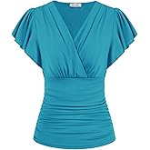 GRACE KARIN 2025 Womens Tops Summer Wrap Blouse V Neck Ruffle Sleeve Dressy Casual Top Ruched Trendy Clothes