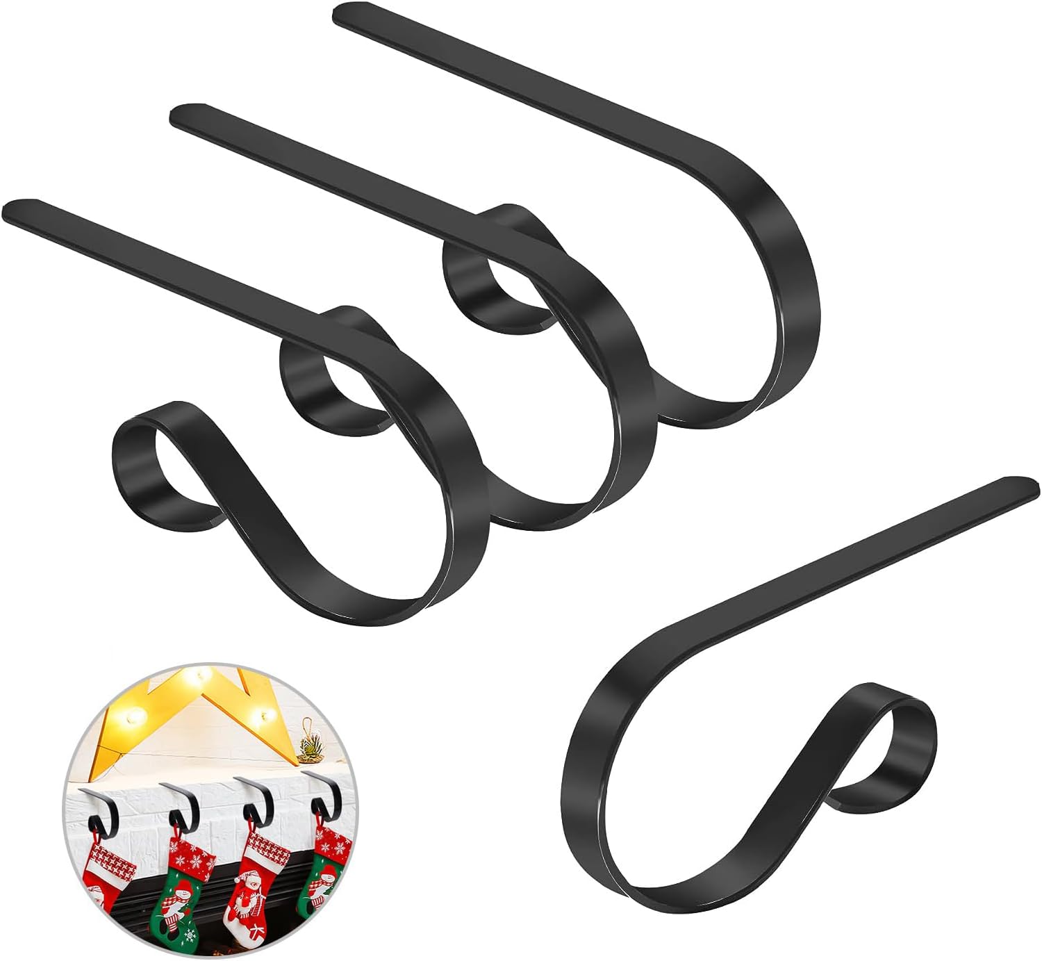 Ornament Hooks - Christmas Stocking Holders for Mantle Set of 4, Lightweight Adjustable Christmas Stocking Holder Hooks Metal Fireplace Hanger for Christmas Party Decoration, Non-Slip Mantle Stocking Hooks(Black)