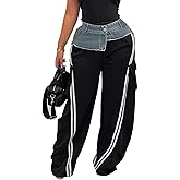 ThusFar Women High Waist Wide Leg Sweatpants with Patchwork Jean Straight Leg Striped Denim Pants Trendy Jean