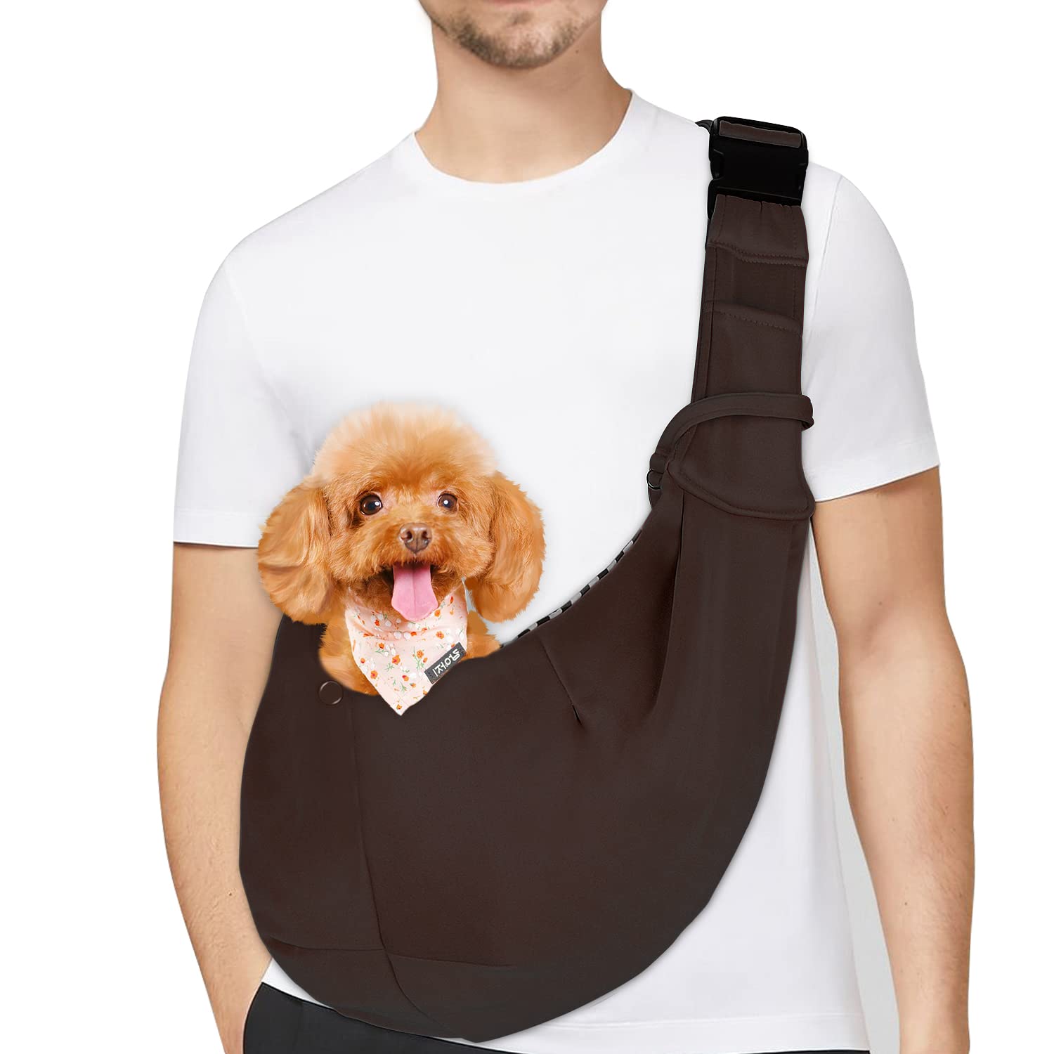 PETLOFT Puppy Sling, Dog Sling, Cat Sling, Adjustable Puppy Sling Carrier with Collar Hook for Small Pets up to 4.99kg, Brown