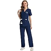 CaiDieNu Medical Scrubs for Women Set: Stretch Uniform Nursing Scrub Set V-Neck Top & Straight Leg Cargo Pants with 13 Pocket