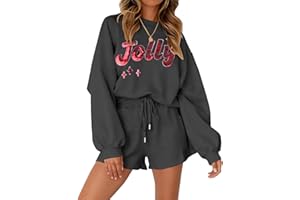 VILOVE Christmas Sweat Shorts Sets Women 2 Piece Merry Xmas Jolly Sequin Outfit Oversized Casual Holiday Lounge Matching Set