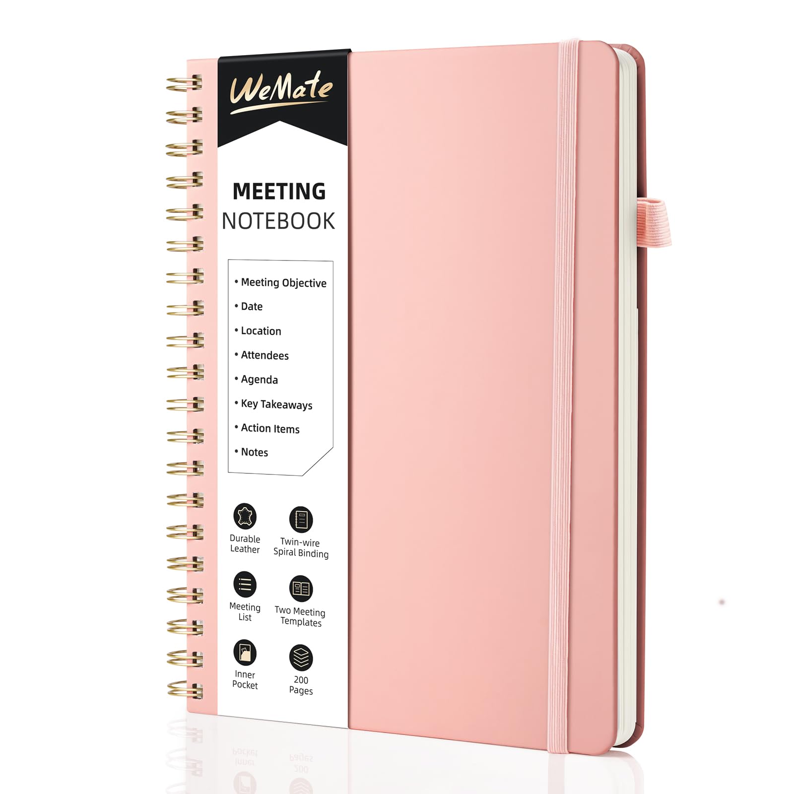 WEMATE Meeting Notebook B5 (7"x10") - PU Leather Planner Notebook with Agenda, Action Items & Notes - 200 Pages for Men&Women, Staff and Students, Meeting, Projects Planning - Rose Gold