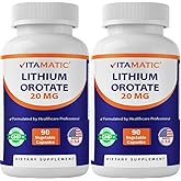 Vitamatic Lithium Orotate 20mg, 90 Capsules - Veggie Caps, Non-GMO, Gluten Free- 2 Pack