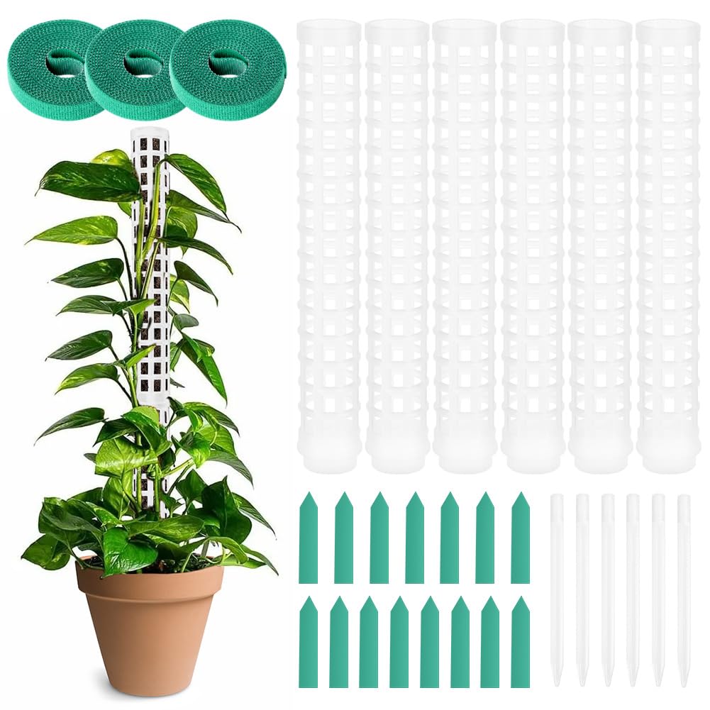 OFFCUP Plastic Moss Poles, 6x 25cm/ 50cm Monstera Plant Support for Climbing Plants, Plant Poles with Cable Ties & Labels, Plant Stakes for Indoor Outdoor Plants (White)