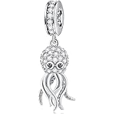 Sparkling Octopus Dangle Charms fit Pandora Ocean Bracelet, 925 Sterling Silver Swimming Squid Sea Life Pendant Bead with CZ Black Eye, Gifts for Sister/Animal Lover/Travel
