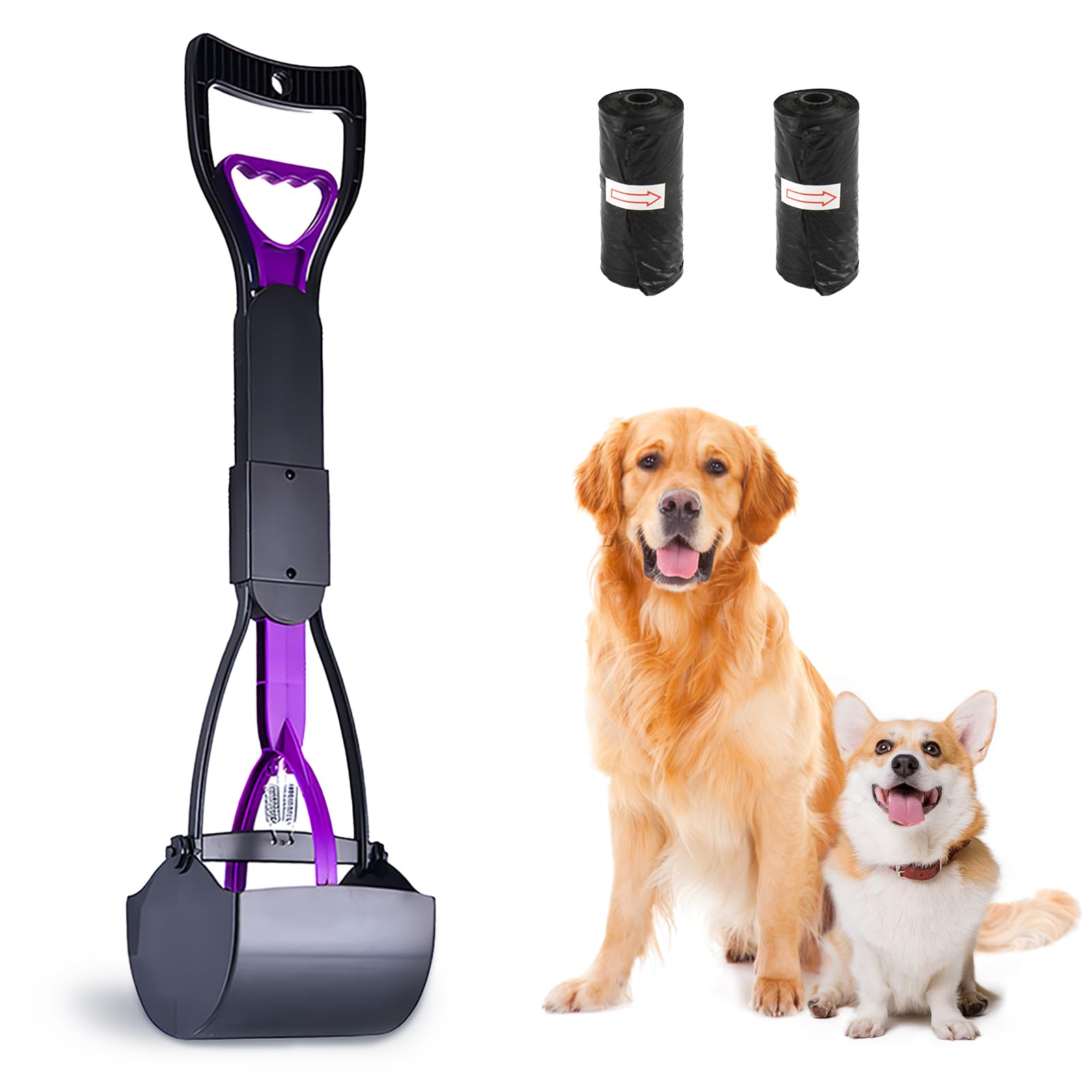 Dog Pooper Scooper with Long Handle, 23.6"/60cm Portable Foldable Pet Poop Scooper with Waste Bag for Outdoor, Dog Dirt Scoop for Cat Dog Animal Waste Grass Gravel Sand, Dog Poop Waste Pick Up Rake