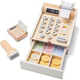 Woet White Wooden Toy Cash Register for Kids with Scanner Card Reader