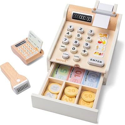 Woet White Wooden Toy Cash Register for Kids with Scanner Card Reader