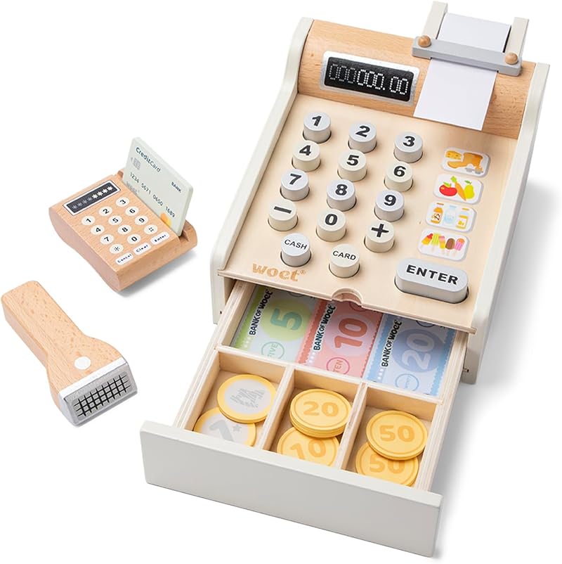Woet White Wooden Toy Cash Register for Kids with Scanner Card Reader