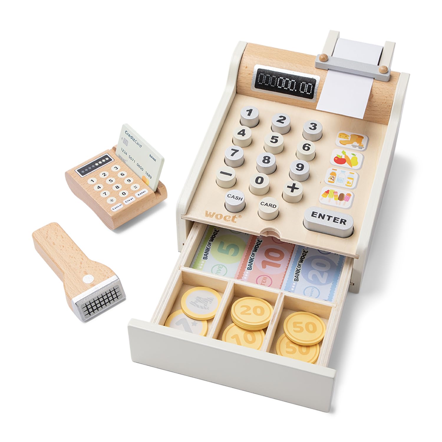 Woet® White Wooden Toy Cash Register for Kids - Pretend Play Shop Toy with Scanner and Card Reader - Role Play Checkout Set - Age 3 Years+