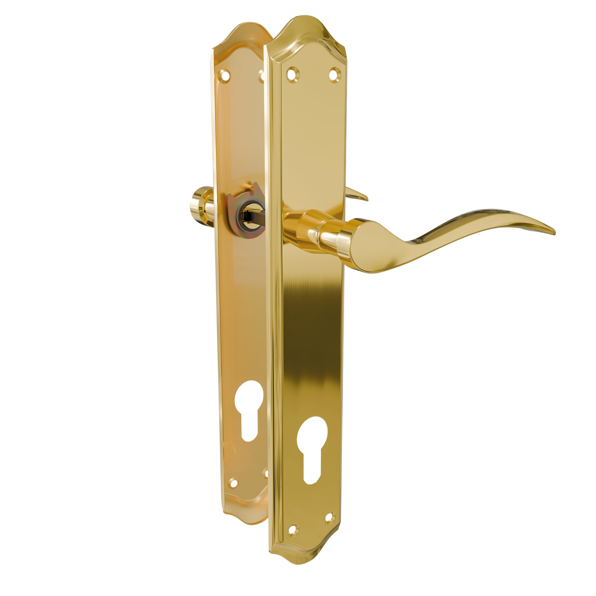 Amig - Door Handle Set with Plate, Handle with Key Escutcheon, Model Beta PB85, Steel, 256 x 48 mm, Square pin 8 mm, matt Brass-Plated