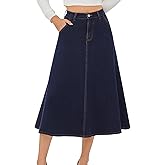 HUSKARY Women's Stretchy High Wasited A Line Long Maxi Jean Skirt Below Knee Length Flared Midi Denim Skirts with Pockets