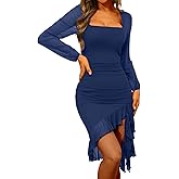 OKIFOIR Square Neck Sexy Bodycon Midi Dress for Women Long Sleeve Ruffle Hem Cocktail Party Dresses 2025