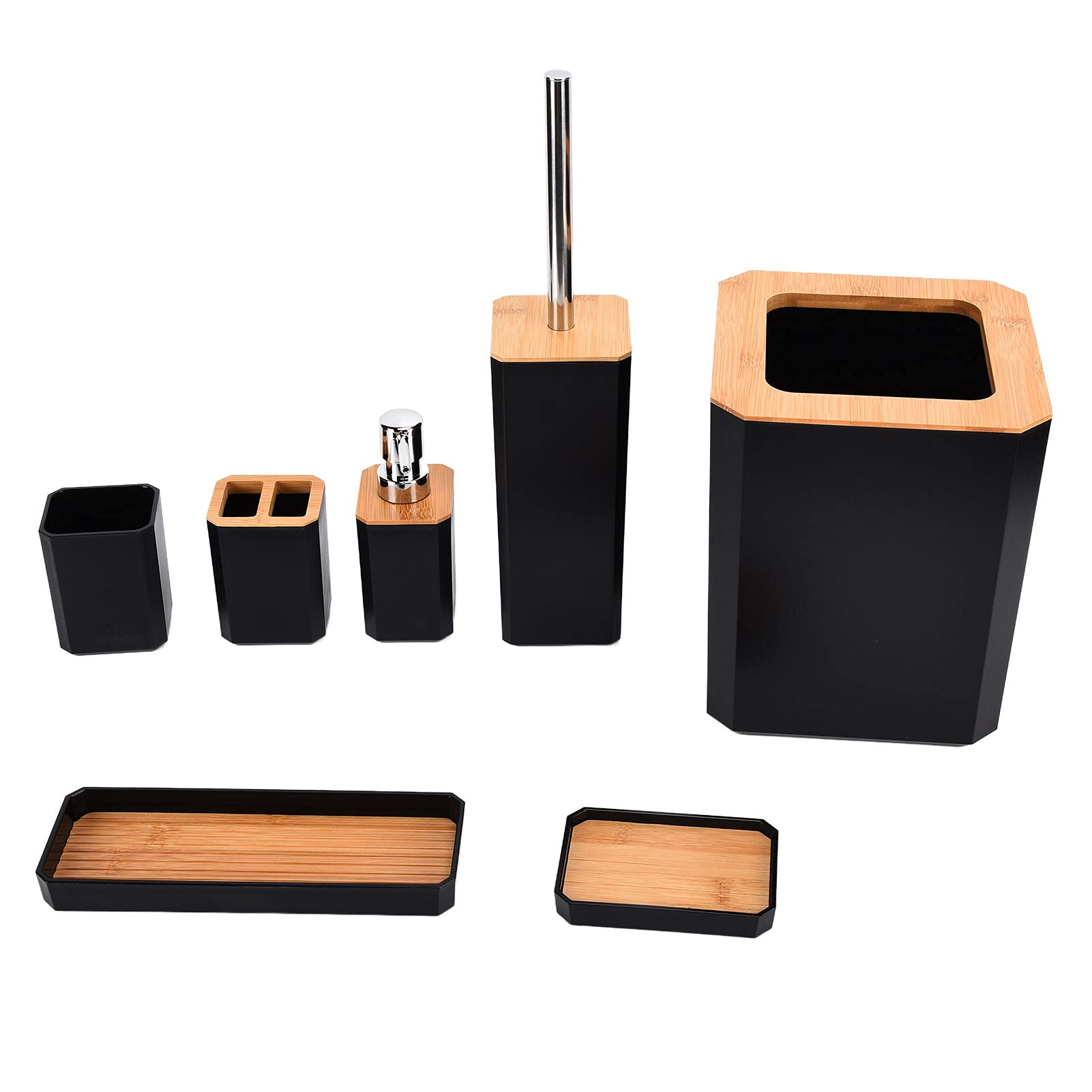 plplaaoo Bathroom Accessories Set,7Pcs Bathroom Set, Multi Functional Bathroom Kit Include Soap Box,Soap Holder,Toothbrush Holder and Cup,Toilet Brush,Trash Can,Tray(Black)