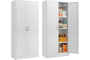 METALMAX 60" Tall Pantry Storage Cabinet with Doors and Shelves, Kitchen Cupboard with Gold Handles, 2 Door Freestanding Food Cabinet, White Metal Storage Cabinets for Kitchen, Living Room - Assembly Required
