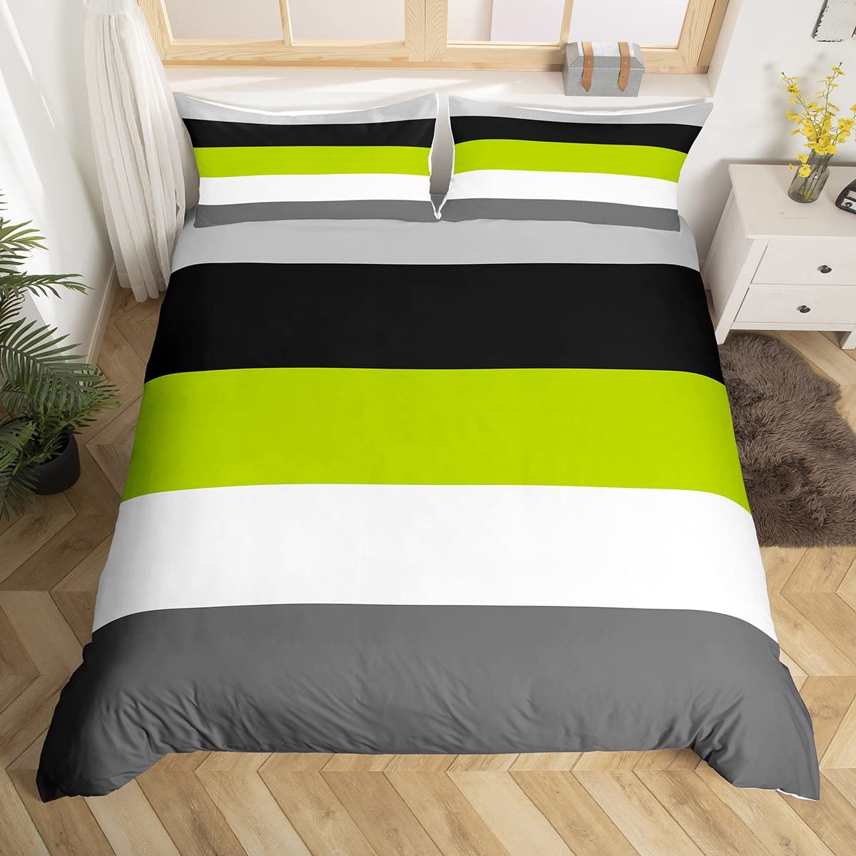 Homewish Geometric Striped Duvet Cover Set with 2 Pillowcases - Double Size, 100% Soft & Breathable Polyester, Zip Closure - Green Black Gray Bedding - Modern Simple Pattern with Black Reverse — image 1