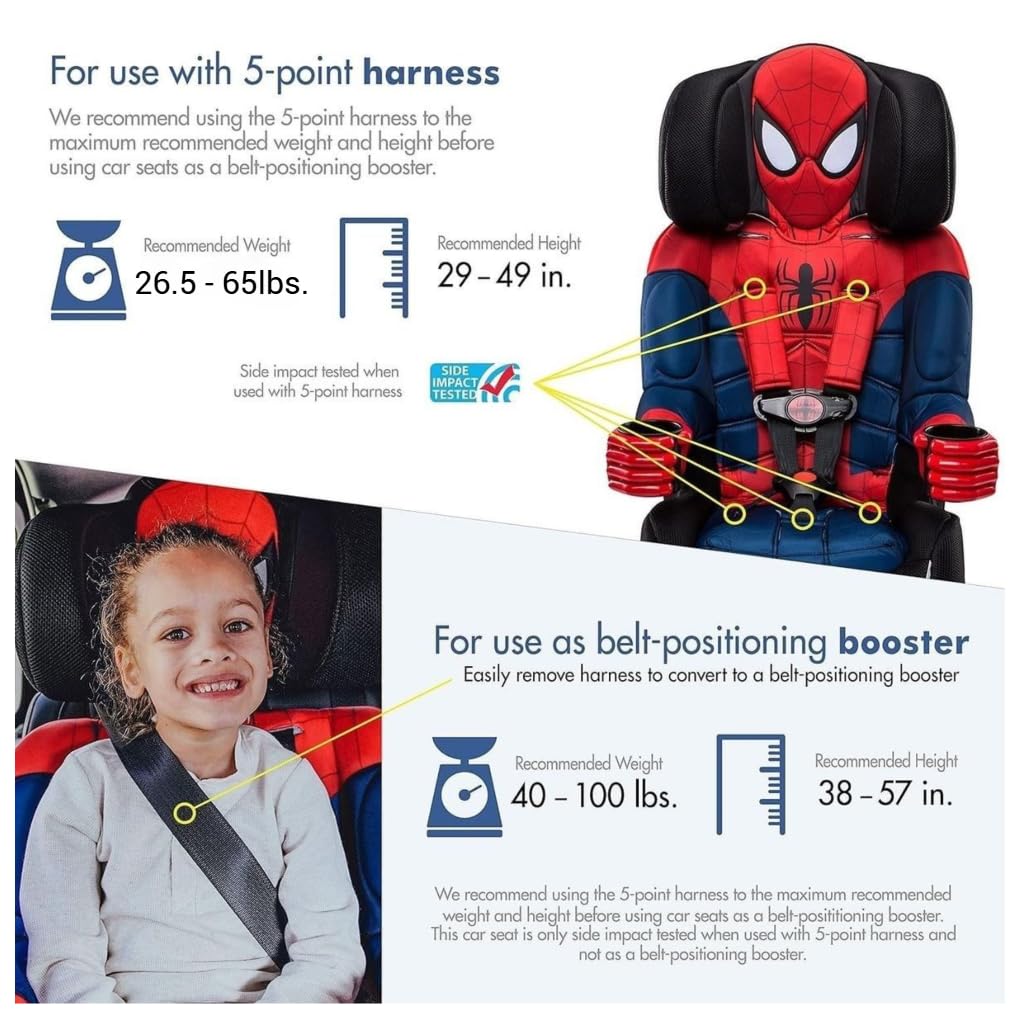 KidsEmbrace Marvel Spider-Man 2-in-1 Forward-Facing Car Seat Latch | 5-Point Harness 26.5-65lbs converts to Belt-Positioning Booster 40-100lbs | Adjustable