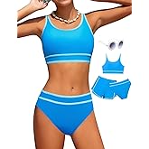 Magwei Girls Swimsuits 3 Piece Bathing Suit Bikini Set with Sporty Shorts and Sunglasses Beach Swimwear for Girl 8-15 Years