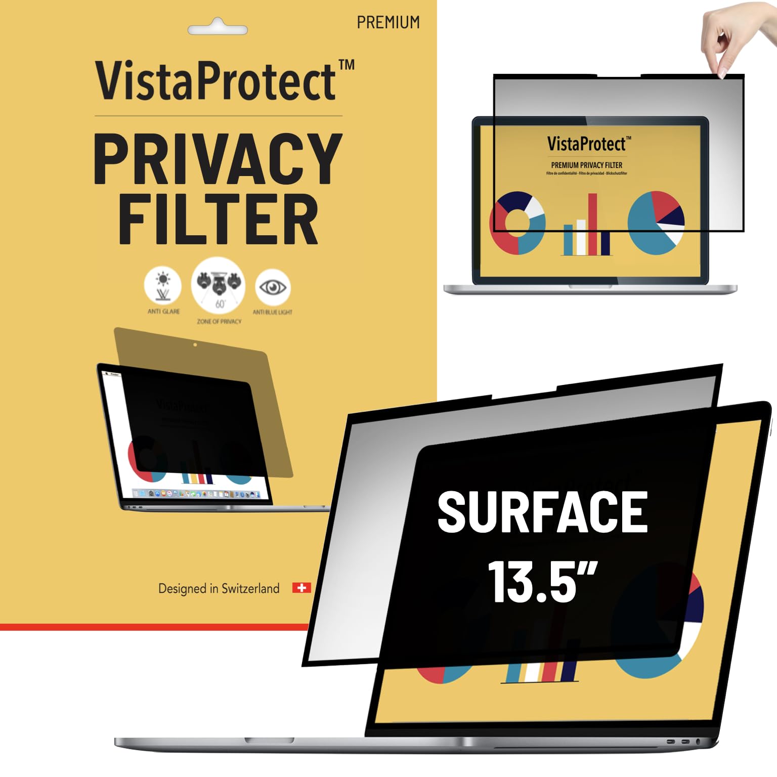 VistaProtect - Premium Privacy Filter & Anti Blue Light Screen Protector for Microsoft SURFACE 4/3 / 5 - Removable (13.5" inches) — image 1