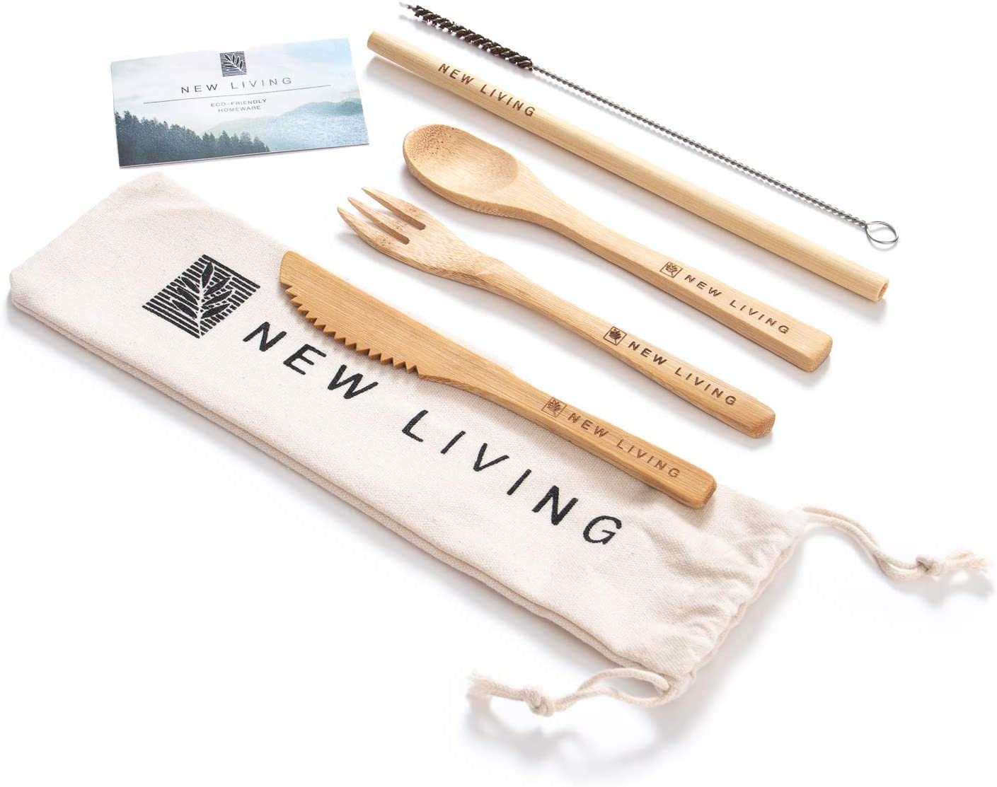 Bamboo Cutlery Set | Reusable, for Travel | Includes Bamboo Straw, Fork, Knife, Spoon, Cleaner & Carry Case | Eco Product